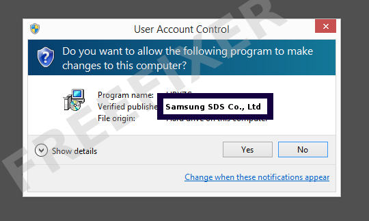 Screenshot where Samsung SDS Co., Ltd appears as the verified publisher in the UAC dialog